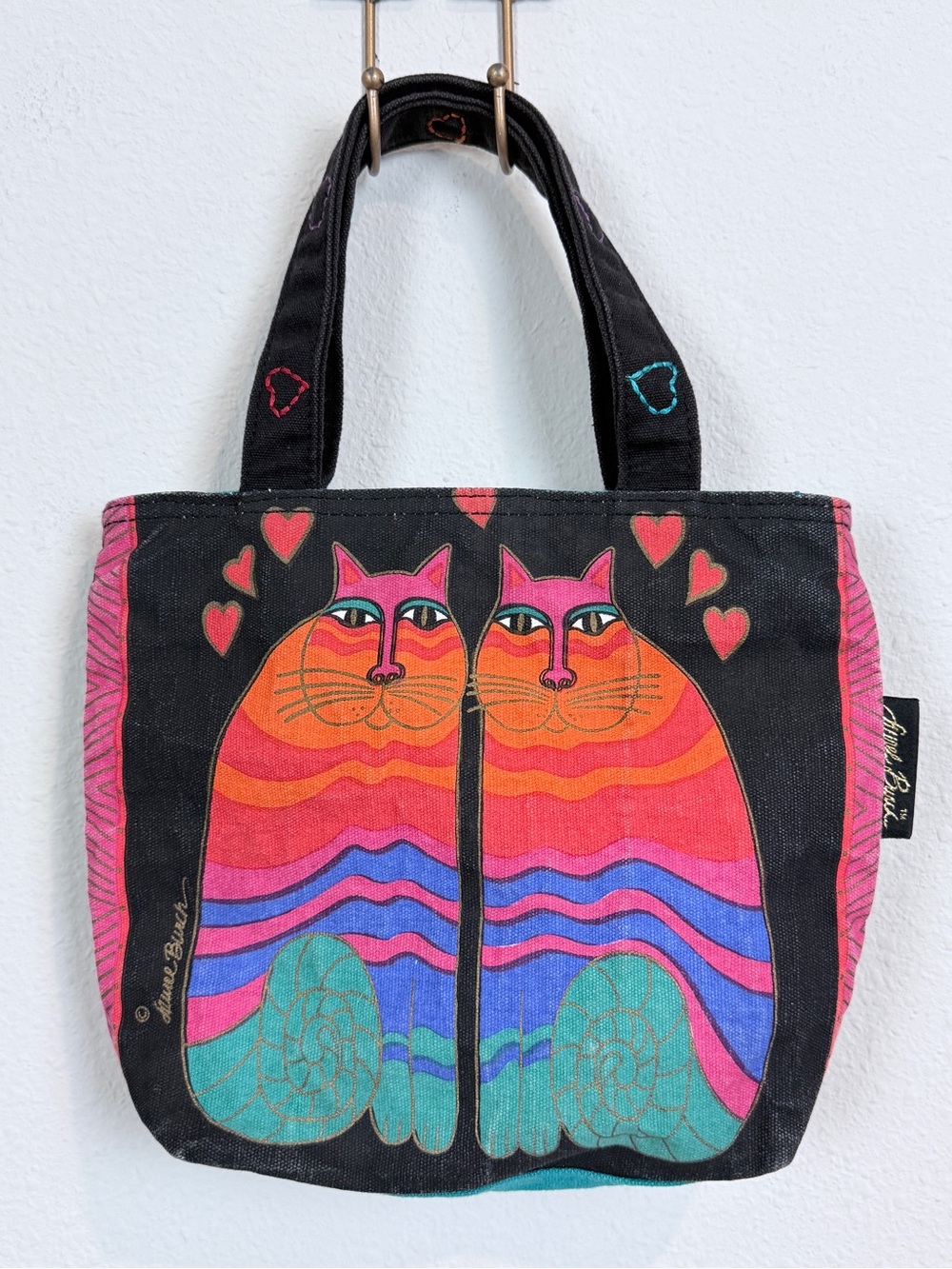 Vintage Laurel Burch Two Cats Canvas Small Tote